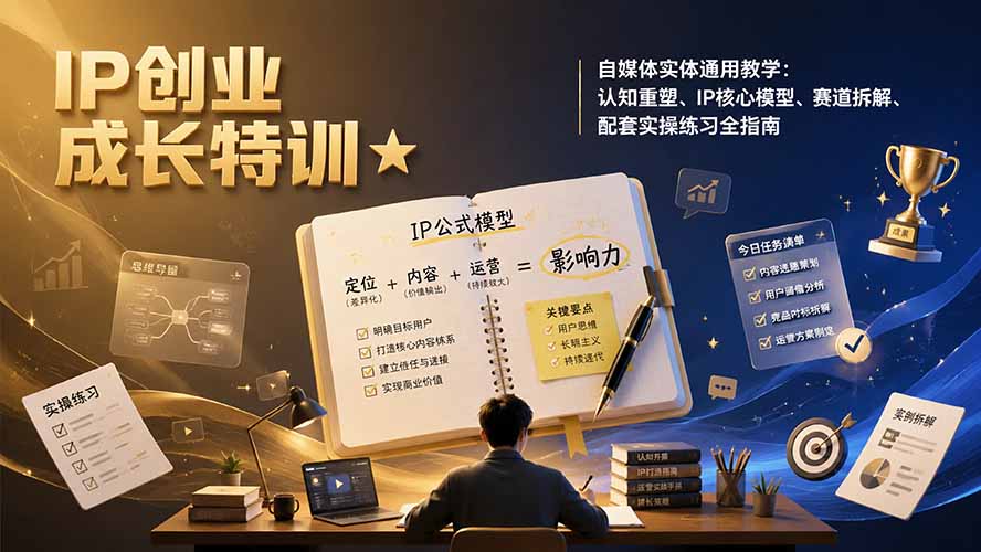 （19567期）IP创业成长特训★自媒体实体通用教学：认知重塑、IP核心模型、赛道拆解、配套实操练习全指南