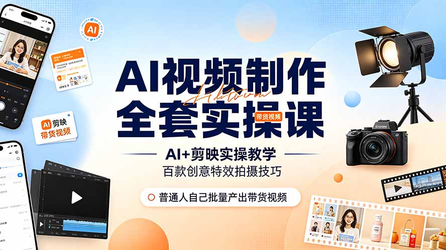 （19200期）AI视频制作全套实操课，多款AI工具搭配剪映教学，百种特效运镜拍摄实操，抖音账号带货运营全覆盖