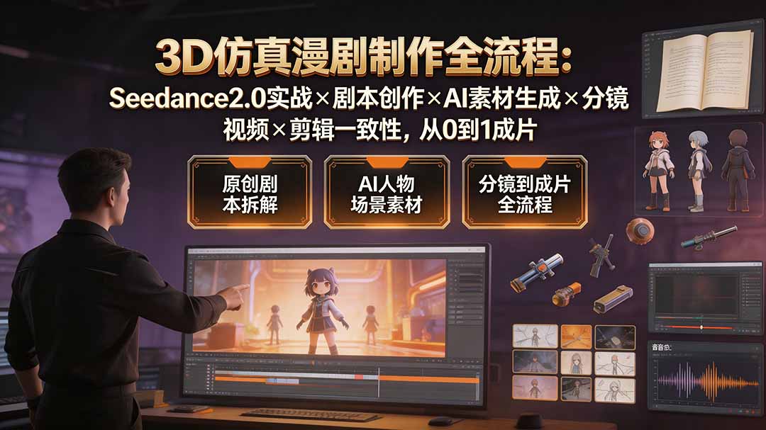 （19341期）3D仿真漫剧制作全流程：Seedance2.0实战×剧本创作×AI素材生成×分镜视频×剪辑一致性，从0到1成片