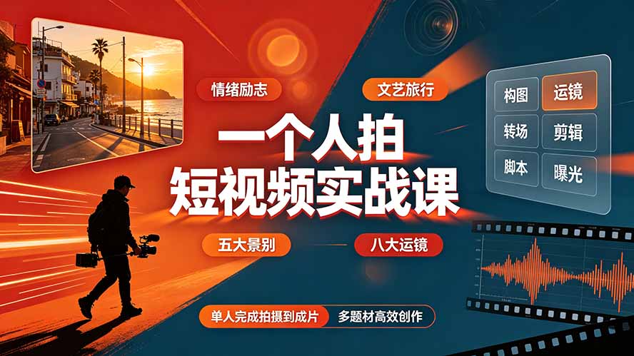 （19342期）一个人拍短视频实战课：情绪励志文艺旅行多题材×五大景别×黄金构图×八大运镜，从拍摄到成片高效创作