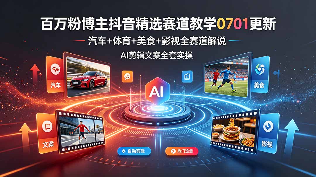 （19144期）百万粉博主抖音精选赛道教学-0701更新，汽车+体育+美食+影视全赛道解说，AI剪辑文案全套实操