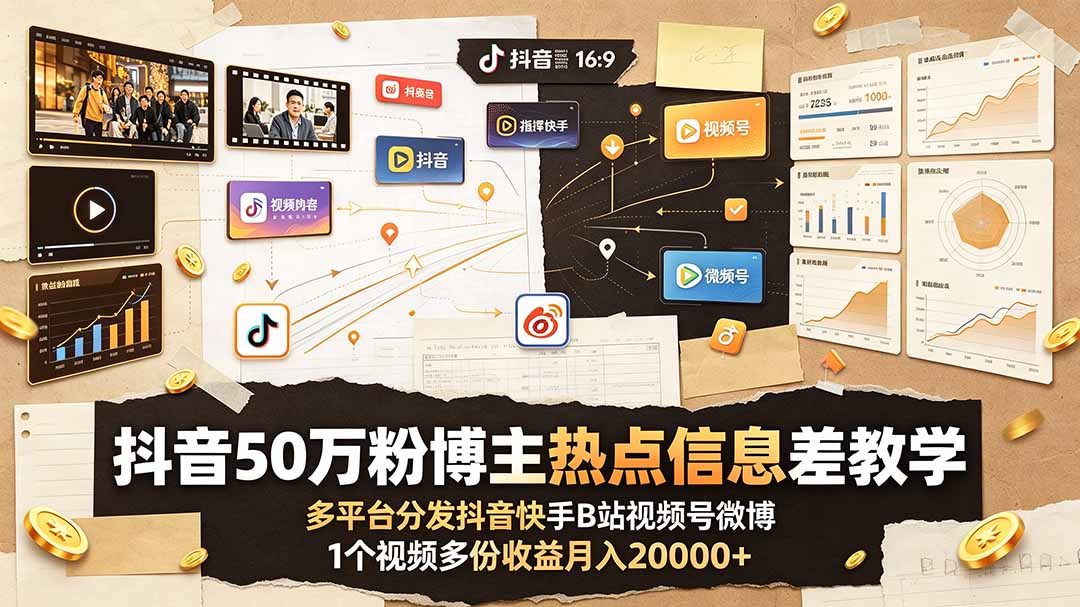 （19145期）抖音50万粉博主热点信息差教学：多平台分发抖音快手B站视频号微博，1个视频多份收益月入20000+