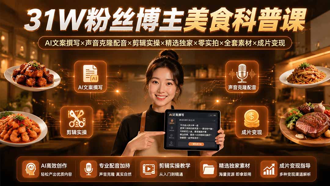 （19558期）31W粉丝博主美食科普课：AI文案撰写×声音克隆配音×剪辑实操×精选独家×零实拍×全套素材×成片变现