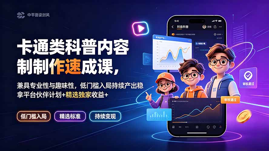 （19234期）卡通类科普内容制作速成课，兼具专业性与趣味性，低门槛入局持续产出稳拿平台伙伴计划+精选独家收益
