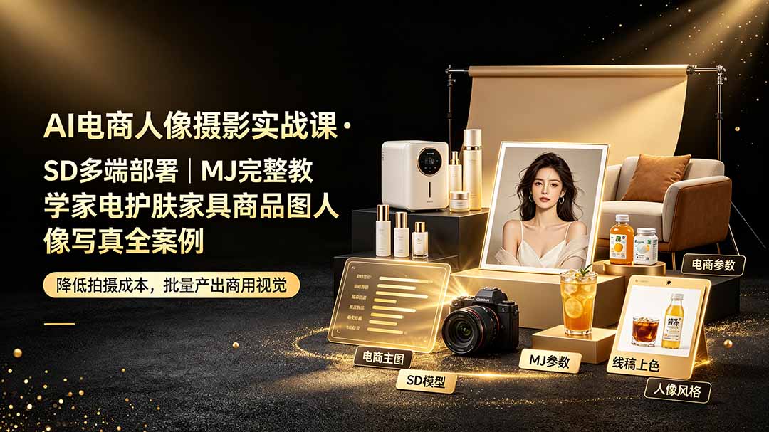 （19262期）AI电商人像摄影实战课·SD多端部署｜MJ完整教学｜家电护肤家具商品图人像写真全案例