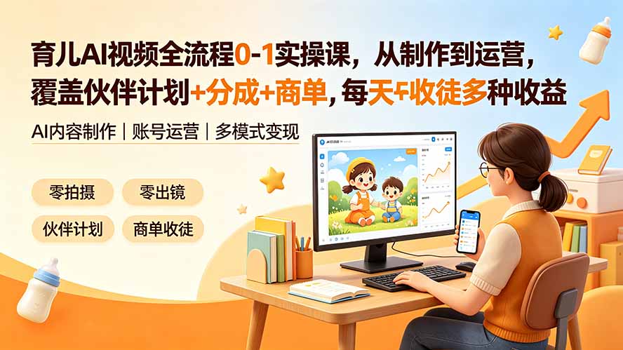 （19236期）育儿AI视频全流程0-1实操课，从制作到运营，覆盖伙伴计划+分成+商单+收徒多种收益，每天500+收益
