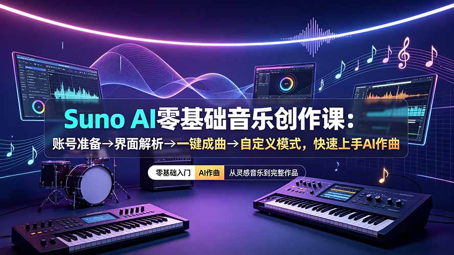 （19264期）Suno AI零基础音乐创作课：账号准备→界面解析→一键成曲→自定义模式，快速上手AI作曲