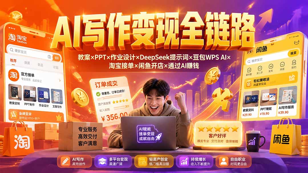 （19561期）2026AI写作变现全链路：教案×PPT×作业设计×DeepSeek提示词×豆包WPS AI×淘宝接单×闲鱼开店×通过AI賺钱
