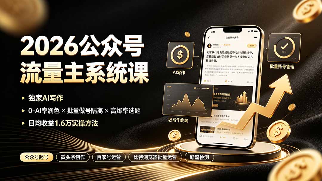 （19405期）2026公众号流量主系统课：独家AI写作×0-AI率润色×批量做号隔离×高爆率选题，日均收益1.6万实操方法