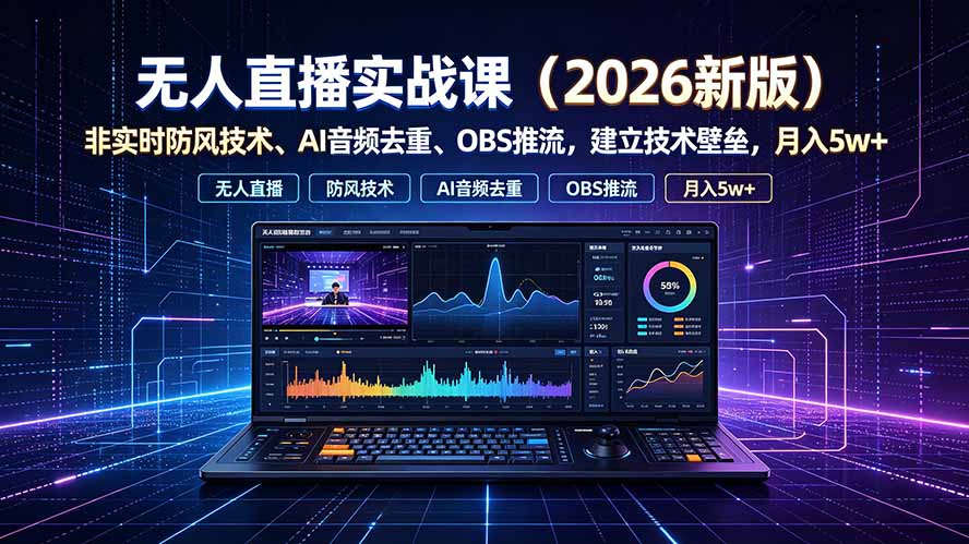 （19525期）无人直播实战课（更新7月），非实时防风技术、AI音频去重、OBS推流，建立技术壁垒，月入5w+