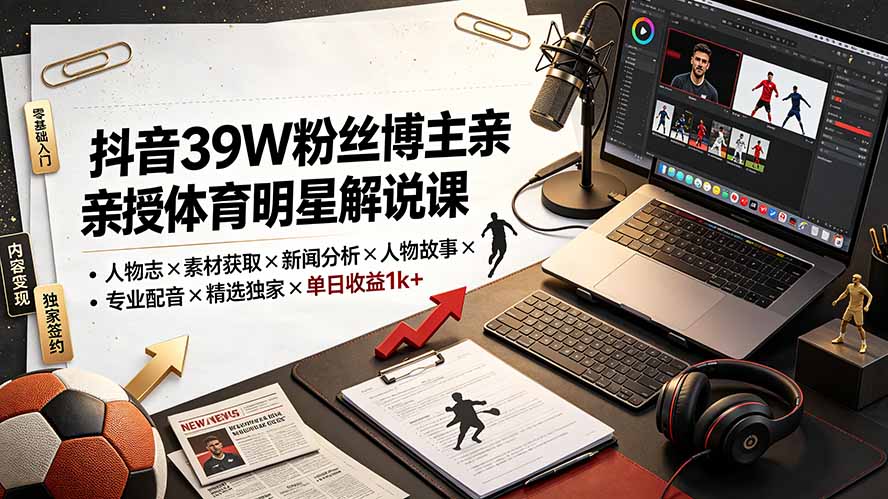 （19476期）抖音39W粉丝博主亲授体育明星解说课：人物志×素材获取×新闻分析×人物故事×专业配音×精选独家×单日收益1k+