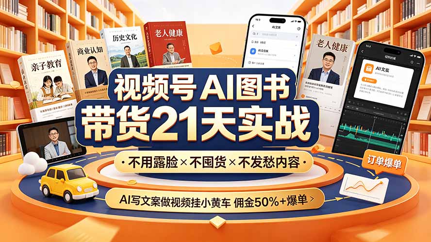 （19476期）视频号AI图书带货21天实战：不用露脸×不囤货×不发愁内容，AI写文案做视频挂小黄车，佣金50%+爆单