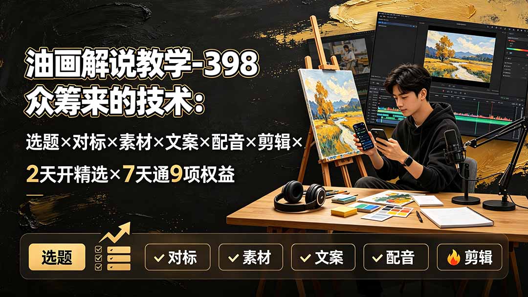 （19527期）油画解说教学-398众筹来的技术：选题×对标×素材×文案×配音×剪辑×2天开精选×7天通9项权益