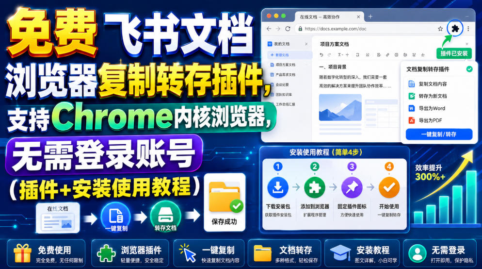 （19406期）免费飞书文档浏览器复制转存插件，支持Chrome内核浏览器，无需登录账号（插件+安装使用教程）