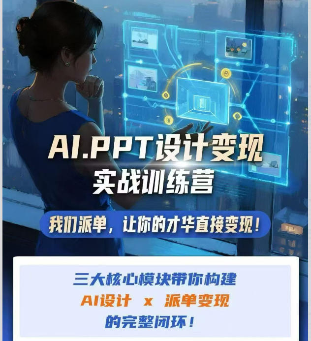 AI+PPT设计变现实战训练营,我们派单,让你的才华直接变现,三大核心模块带你构建Al设计x派单变现的完整闭环