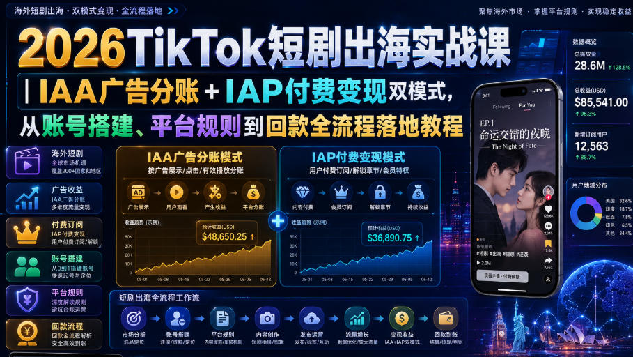 2026TikTok短剧出海实战课｜IAA广告分账+IAP付费变现双模式，从账号搭建、平台规则到回款全流程落地教程
