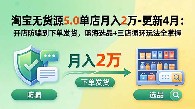 (19683期)淘宝无货源5.0单店月入2万-更新2026:开店防骗到下单发货,蓝海选品+三店循环玩法全掌握