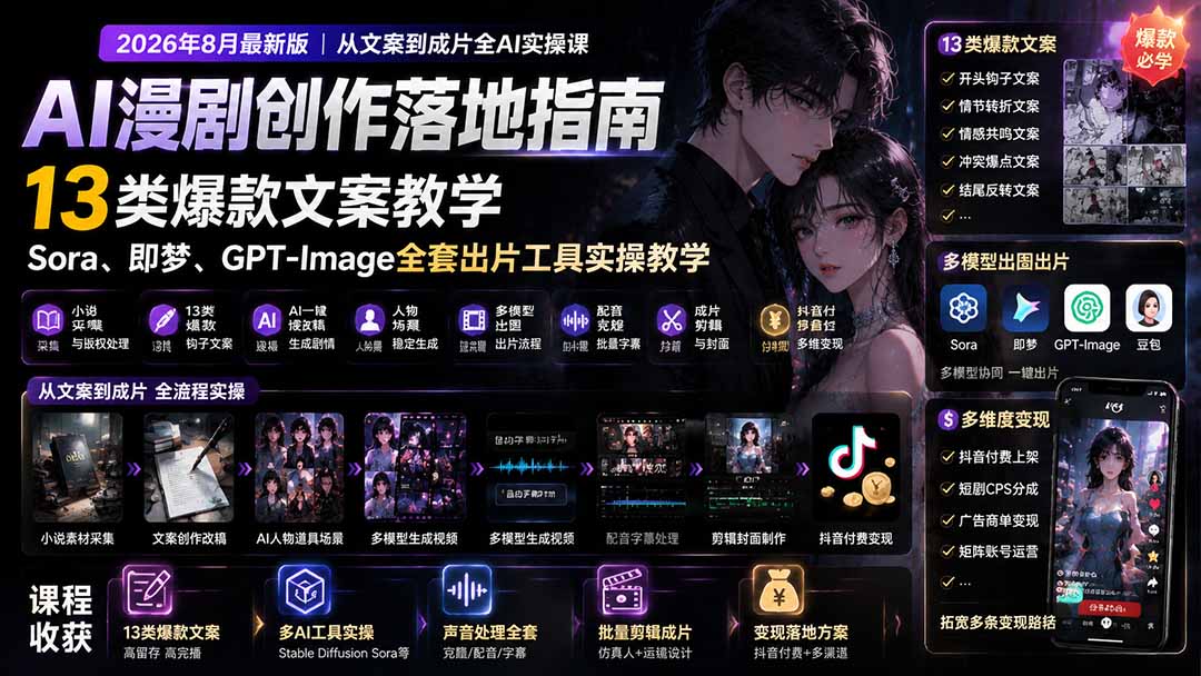 (19691期)AI漫剧创作落地指南|13类爆款文案教学,Sora、即梦、GPT-Image全套出片工具实操教学