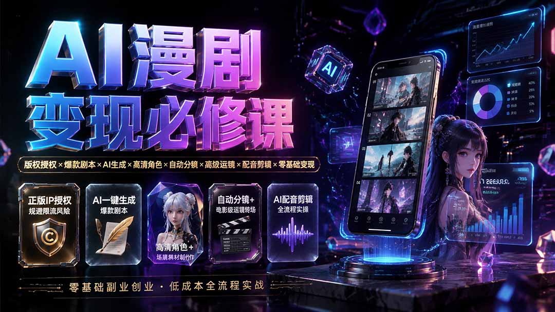 (19664期)AI漫剧变现必修课:版权授权×爆款剧本×AI生成×高清角色×自动分镜×高级运镜×配音剪辑×零基础变现