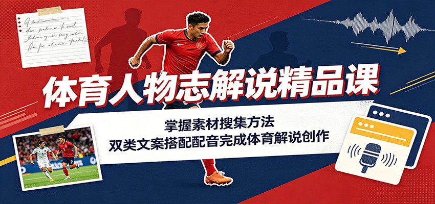 体育人物志解说精品课：掌握素材搜集方法，双类文案搭配配音完成体育解说创作