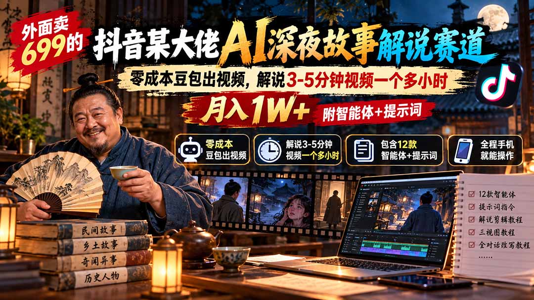 (20648期)外面卖699的抖音某大佬AI深夜故事解说赛道:零成本豆包出视频,解说3-5分钟视频一个多小时,月入1W+附智能体+提示词