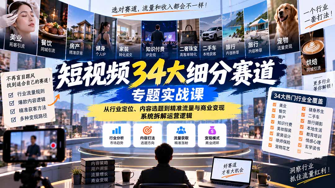 （20600期）短视频34大细分赛道专题实战课：从行业定位、内容选题到精准流量与商业变现，系统拆解运营逻辑