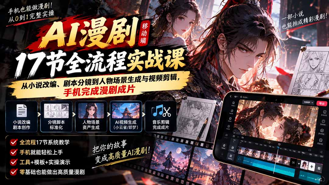 (20624期)AI漫剧移动端17节全流程实战课:从小说改编、剧本分镜到人物场景生成与视频剪辑,手机完成漫剧成片