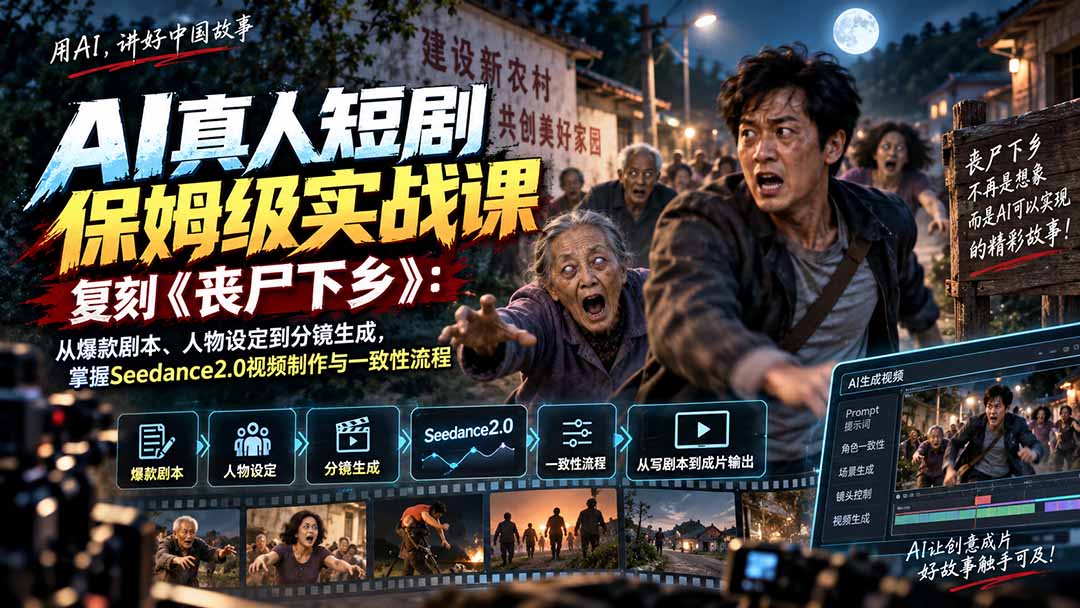 （20359期）AI真人短剧保姆级实战课，复刻《丧尸下乡》：从爆款剧本、人物设定到分镜生成，掌握Seedance2.0视频制作与一致性流程
