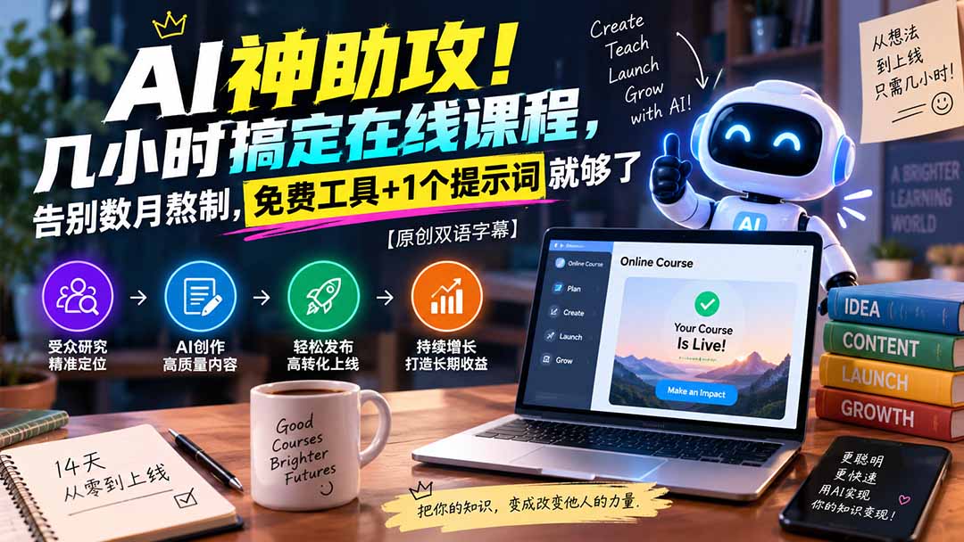 (20528期)AI神助攻!几小时搞定在线课程,告别数月熬制,免费工具+1个提示词就够了【原创双语字幕】