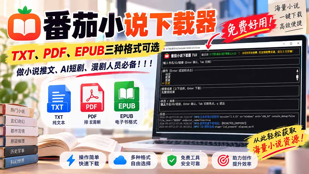 (20529期)番茄小说下载器,TXT、PDF、EPUB三种格式可选,做小说推文、AI短剧、漫剧人员必备!