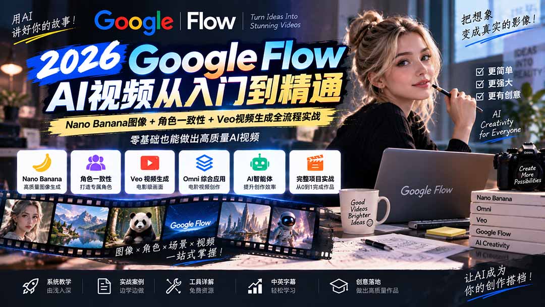 （20608期）【无水印】Google Flow AI视频从入门到精通：Nano Banana图像+角色一致性+Veo视频生成全流程实战-精翻中英字幕