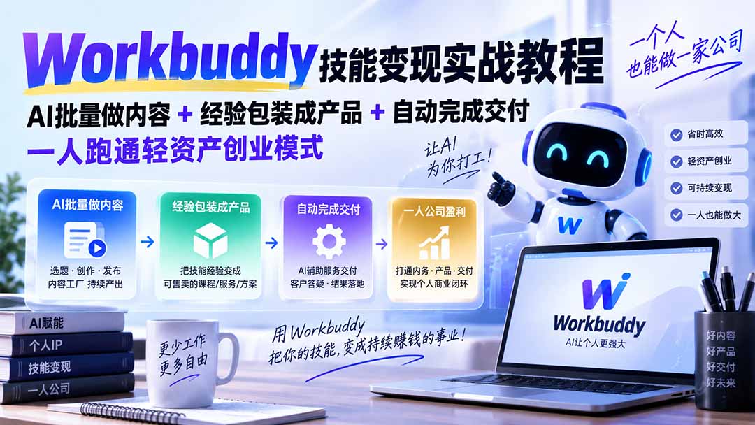 （20492期）Workbuddy技能变现实战教程：AI批量做内容+经验包装成产品+自动完成交付，一人跑通轻资产创业模式
