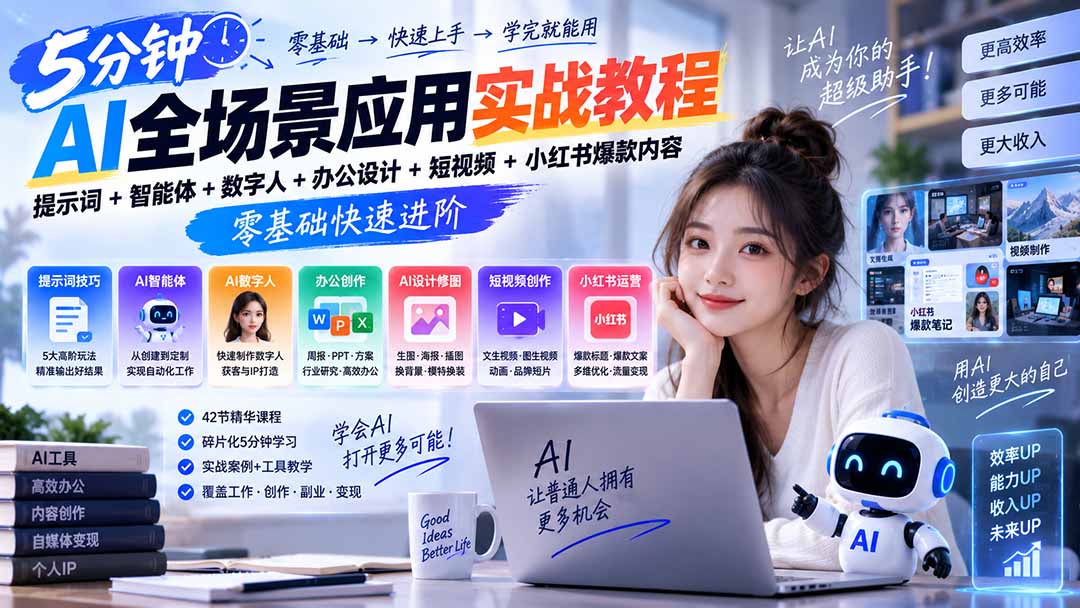 （20493期）AI全场景应用实战教程｜提示词+智能体+数字人+办公设计+短视频+小红书爆款内容，零基础快速进阶