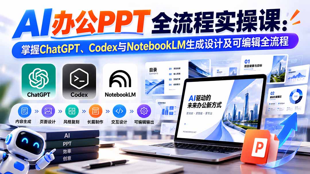 (20660期)【无水印】AI办公PPT全流程实操课: 掌握ChatGPT、Codex与NotebookLM生成设计及可编辑全流程
