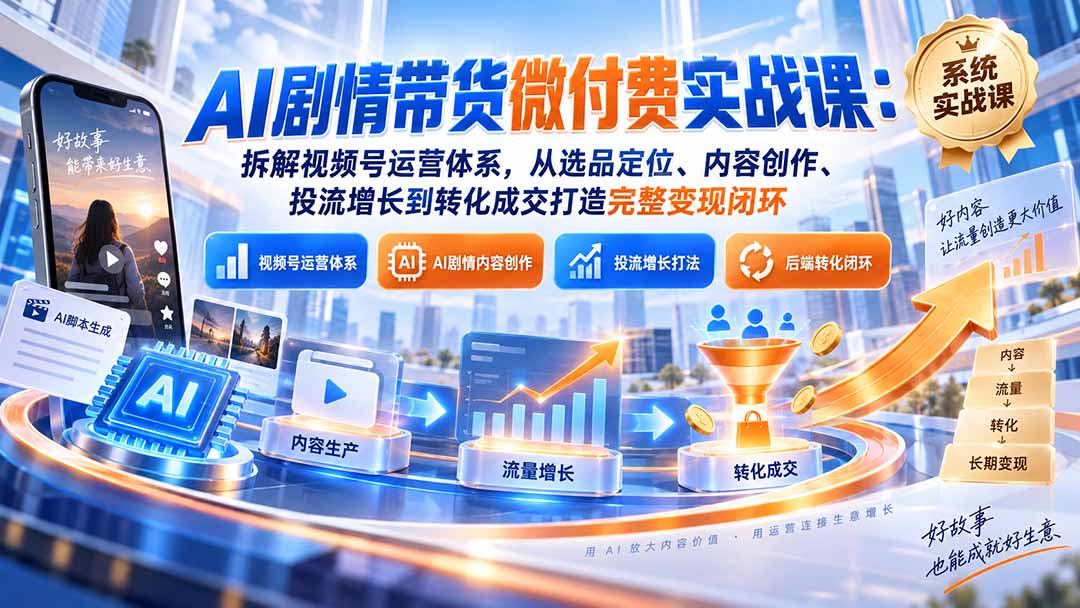 (20611期)AI剧情带货微付费实战课:拆解视频号运营体系,从选品定位、内容创作、投流增长到转化成交打造完整变现闭环