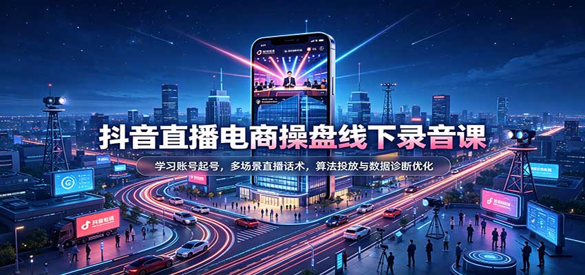抖音直播电商操盘线下录音课：学习账号起号，多场景直播话术，算法投放与数据诊断优化