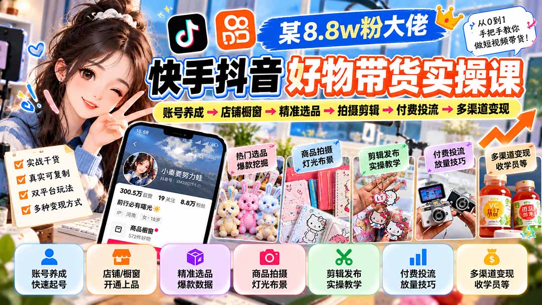(20733期)某8.8w粉大佬快手抖音好物带货实操课:账号养成→店铺橱窗→精准选品→拍摄剪辑→付费投流→多渠道变现