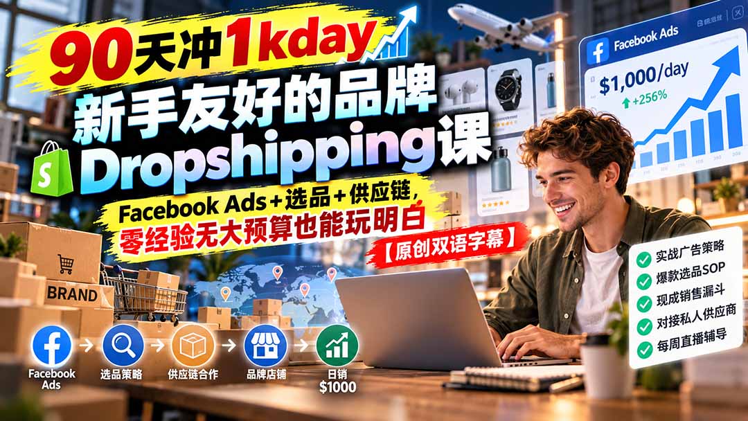 (20738期)90天冲1kday 新手友好的品牌Dropshipping课:Facebook Ads+选品+供应链,零经验无大预算也能玩明白【原创双语字幕】