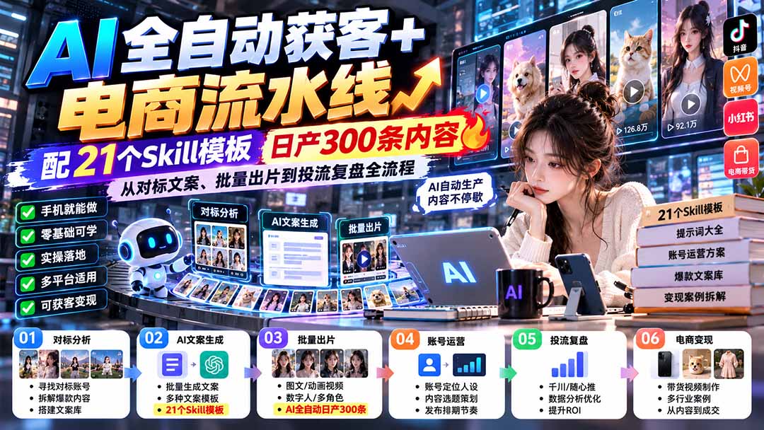 (20701期)【无水印】AI全自动获客+电商流水线-更新0928:配21个Skill模板,日产300条内容,从对标文案、批量出片到投流全流程