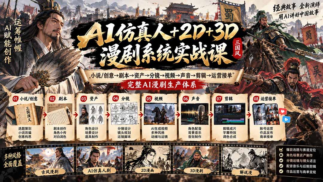 （20685期）AI仿真人+2D+3D漫剧系统实战课：小说/创意→剧本→资产→分镜→视频→声音→剪辑→运营接单，完整AI漫剧生产体系