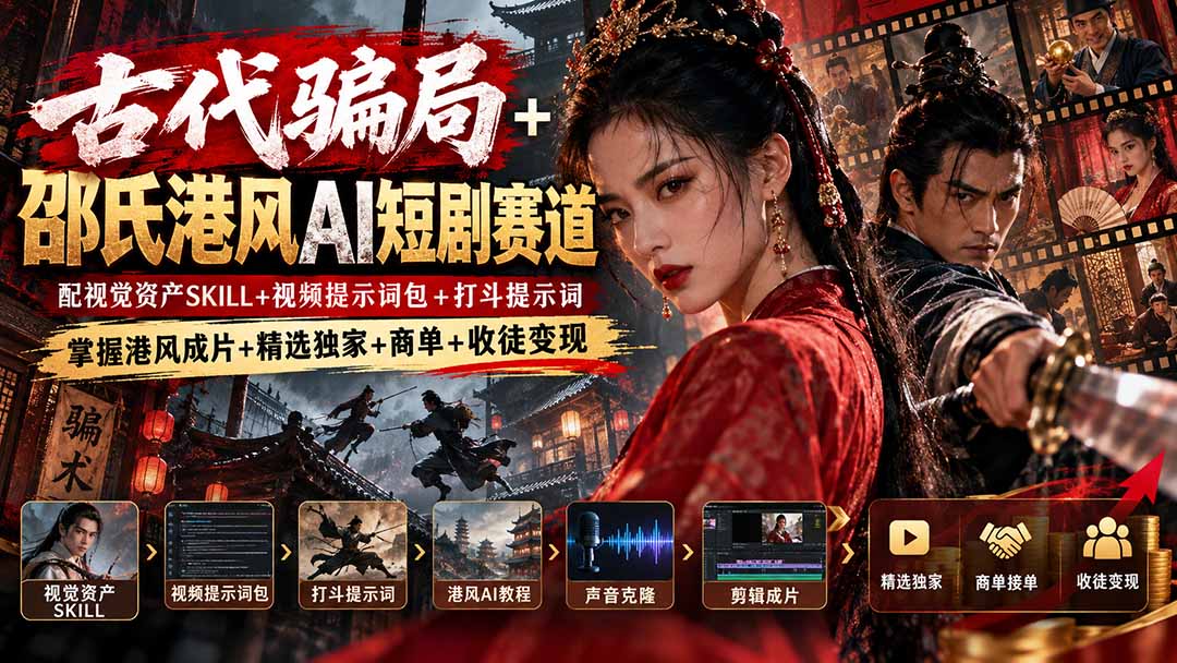 (20684期)古代骗局+邵氏港风AI短剧赛道:配视觉资产SKILL+视频提示词包+打斗提示词,掌握港风成片+精选独家+商单+收徒变现