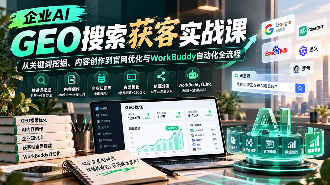 （20643期）企业AI GEO搜索获客实战课：从关键词挖掘、内容创作到官网优化与WorkBuddy自动化全流程