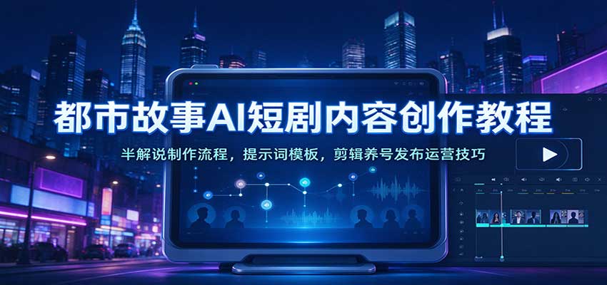 都市故事AI短剧内容创作教程：半解说制作流程，提示词模板，剪辑养号发布运营技巧