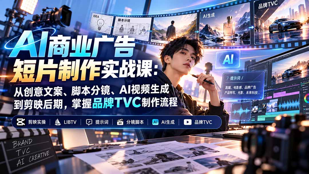 (20863期)AI商业广告短片制作实战课:从创意文案、脚本分镜、AI视频生成到剪映后期,掌握品牌TVC制作流程