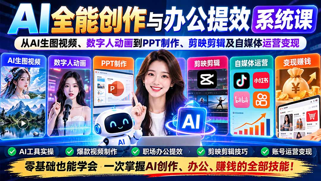 (20883期)AI全能创作与办公提效系统课:从AI生图视频、数字人动画到PPT制作、剪映剪辑及自媒体运营变现