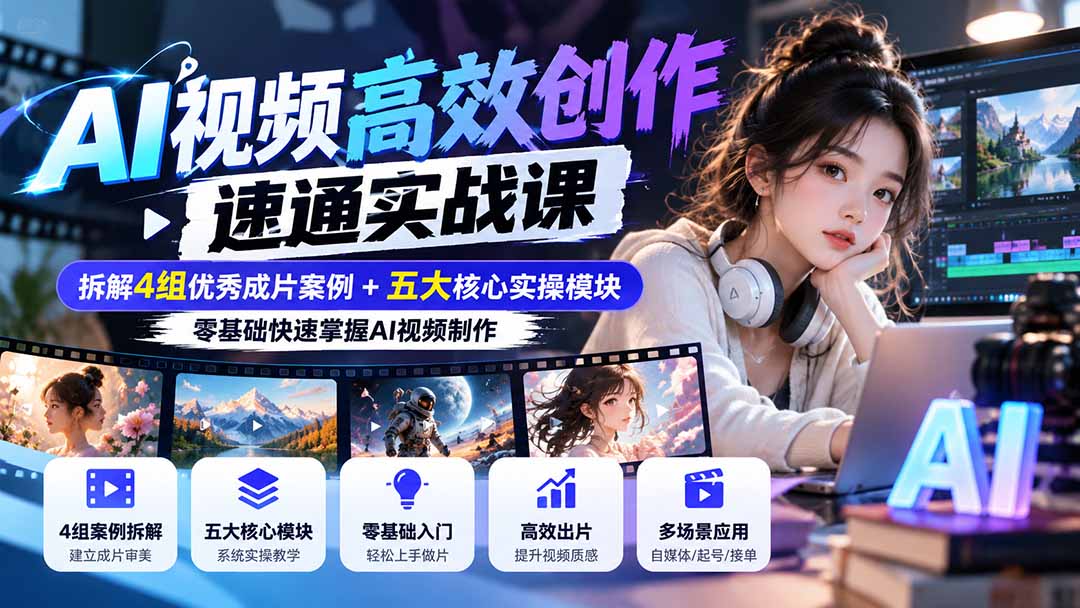 (20819期)【无水印】AI视频高效创作速通实战课:拆解4组优秀成片案例+五大核心实操模块,零基础快速掌握AI视频制作