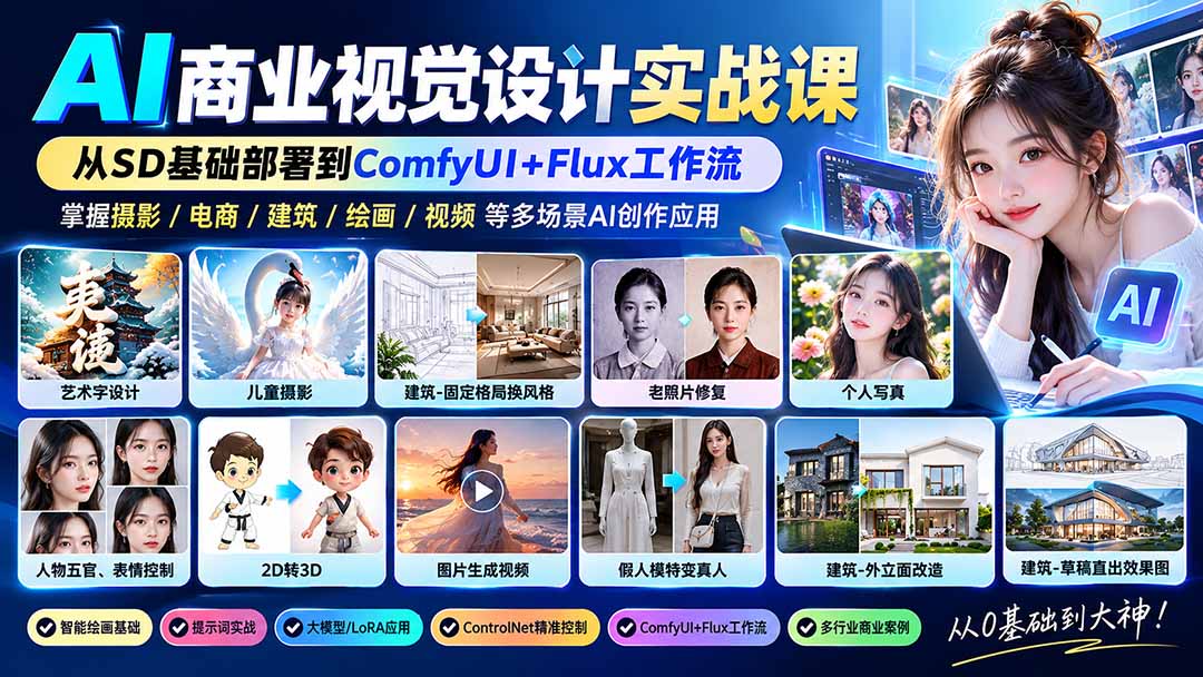 (20824期)【无水印】AI商业视觉设计实战课:从SD基础部署到ComfyUI+Flux工作流,掌握摄影电商建筑AI创作