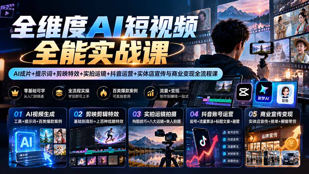 (20768期)【无水印】全维度AI短视频全能实战课:AI成片+提示词+剪映特效+实拍运镜+抖音运营+实体店宣传与商业变现全流程课