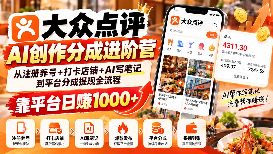 (20759期)大众点评AI创作分成进阶营:从注册养号+打卡店铺+AI写笔记到平台分成提现全流程,靠平台日赚1000+